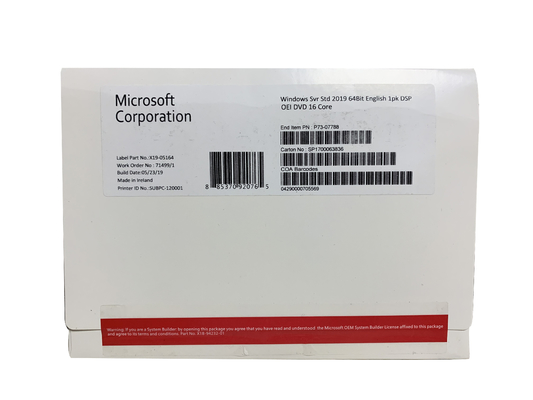 Sealed DVD Package Windows Server 2019 Standard 16 Core English 1pk DSP OEM Pack