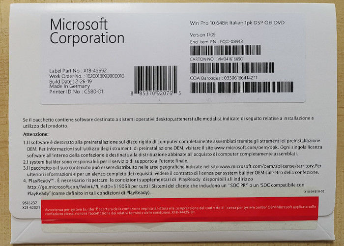 Microsoft Software Windows 10 Pro OEM 64 Bit English / French / Italian